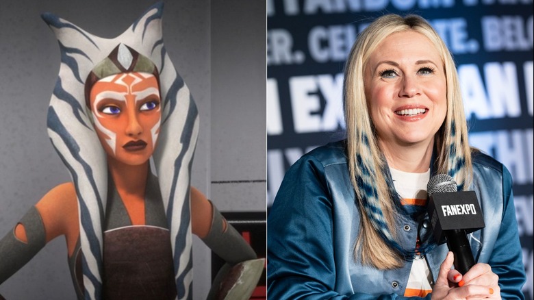 Ahsoka stands and looks toward the right in Star Wars Rebels and Ashley Eckstein holds a mic while speaking at 2025 FAN EXPO