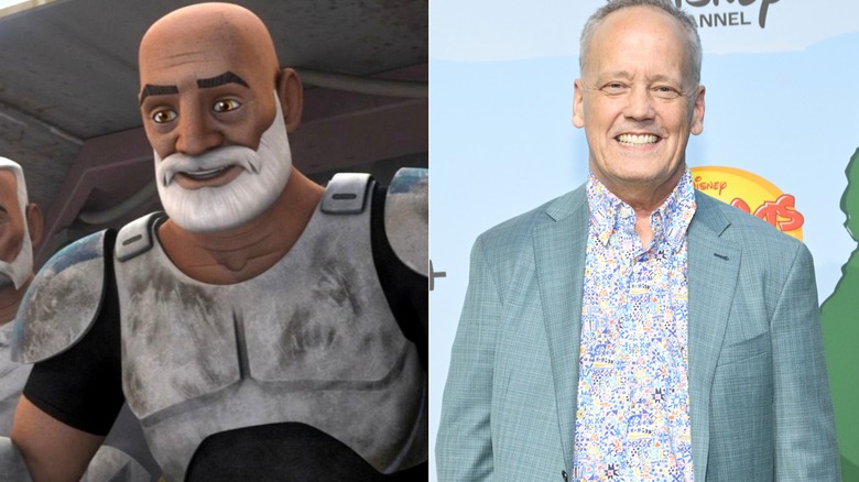 Captain Rex looks down in Star Wars Rebels and Dee Bradley Baker stands at Nya Studios (2025)