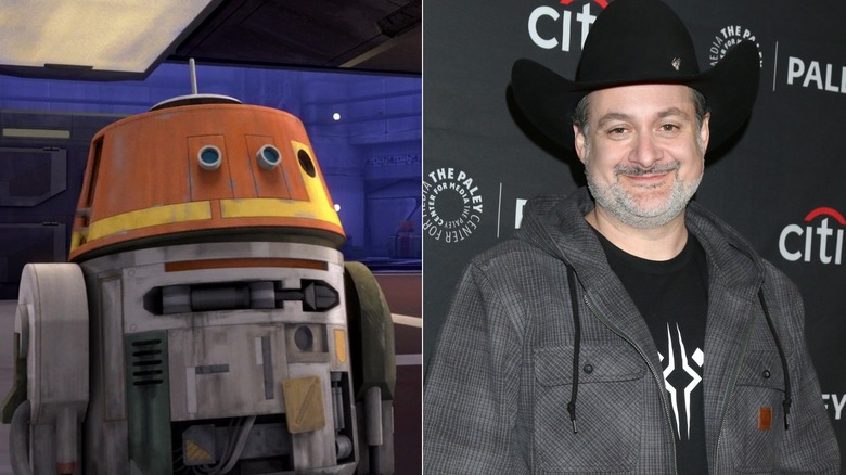 Chopper looks ahead in Star Wars Rebels and Dave Filoni stands and smiles at PaleyFest (2023)