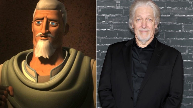 Ryder Azadi looks toward the left in Star Wars Rebels and Clancy Brown stands at Lincoln Center (2014)