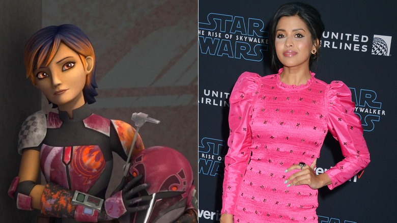 Sabine Wren holds her Mandalorian helmet in Star Wars Rebels and Tiya Sircar stands at the Hollywood premiere of Star Wars: The Rise of Skywalker (2019)