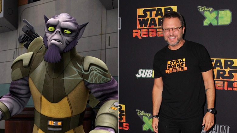 Zeb Orrelios stands and looks toward the left in Star Wars Rebels and Steve Blum stands at AMC Century City (2014)