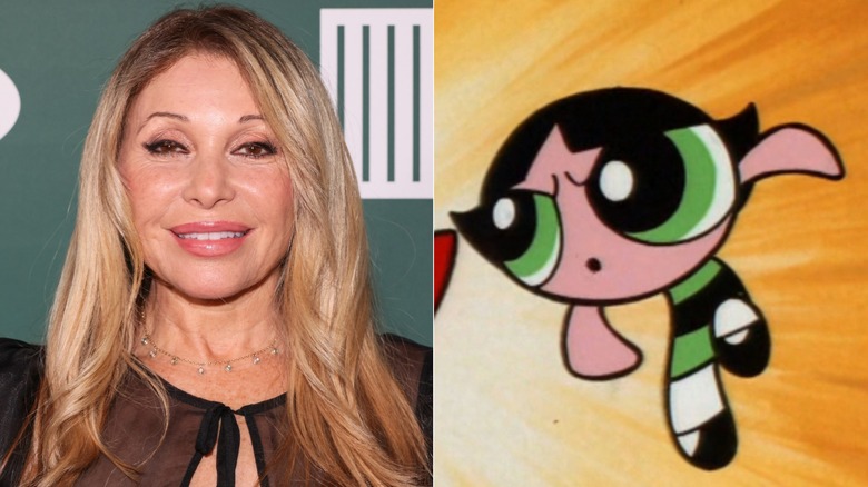 Elizabeth Daily smiling on red carpet; Buttercup angry