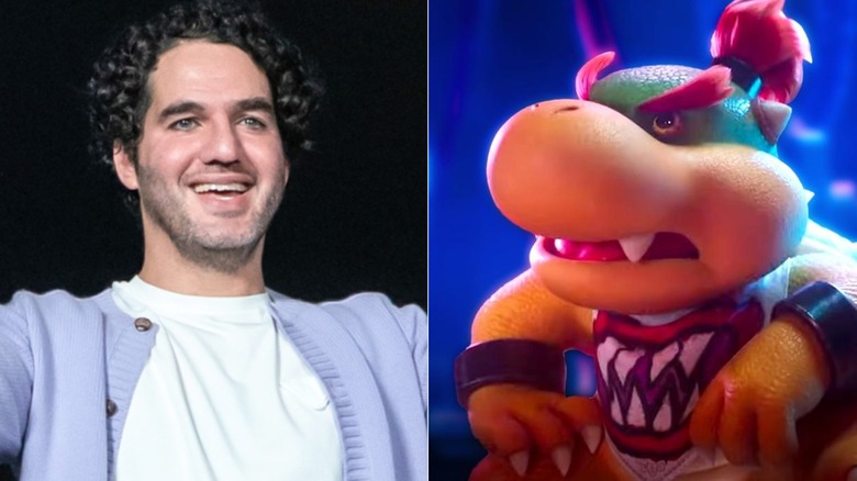 Benny Safdie and Bowser Jr. wearing his bib in The Super Mario Galaxy Movie