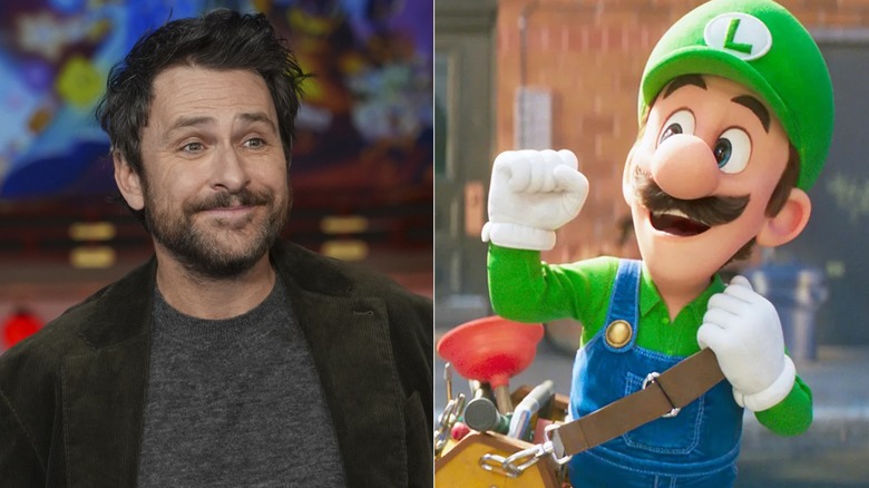 Charlie Day and Luigi with his bag on fist pumping in The Super Mario Galaxy Movie