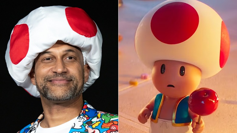 Keegan-Michael Key in a Toad hat and Toad holding a candy apple in The Super Mario Galaxy Movie