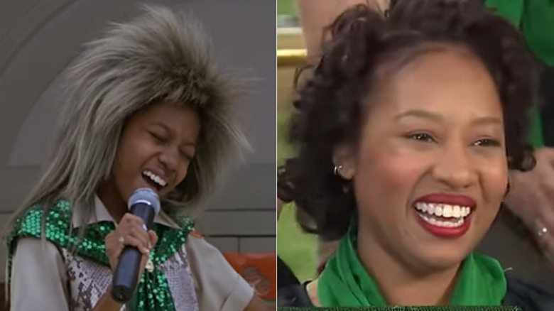 Jasmine singing dressed as Tina Turner; Tasha Scott smiling at reunion