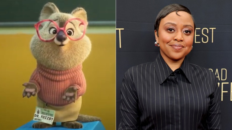 Dr. Fuzzby lecturing in Zootopia 2 next to Quinta Brunson posing at a SCAD TVFest