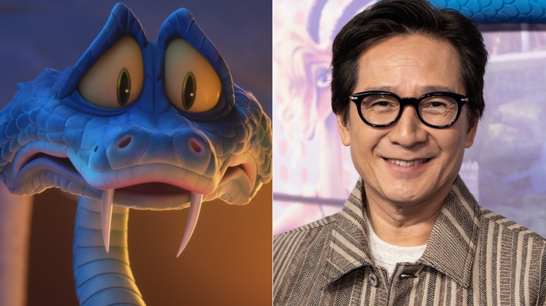 Gary De'Snake looking sad in Zootopia 2 next to Ke Huy Quan smiling at the Zootopia 2 premiere