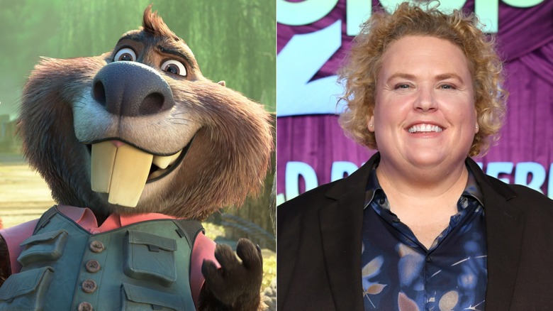 Nibbles smirking in Zootopia 2 next to Fortune Feimster smiling at the Zootopia 2 premiere