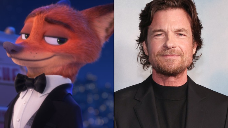 Nick Wilde looking to the side in Zootopia 2 next to Jason Bateman at a TV premiere