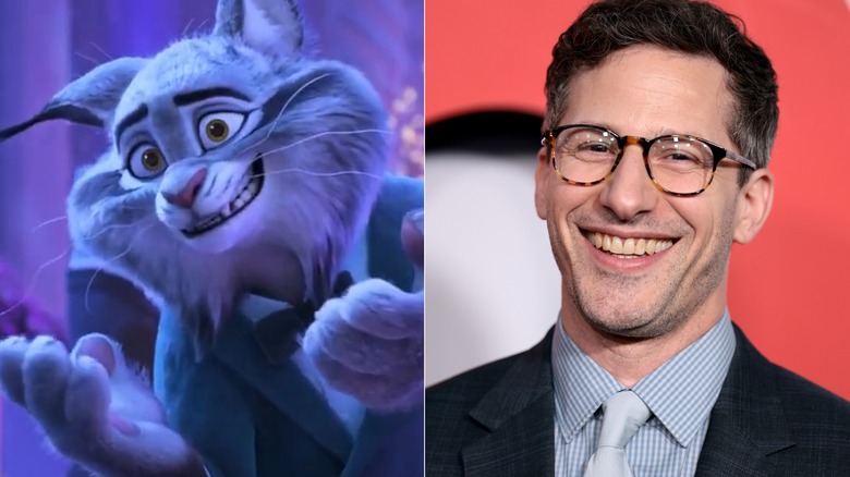 Pawbert awkwardly smiling in Zootopia 2 next to Andy Samberg smiling at the premiere of The Roses
