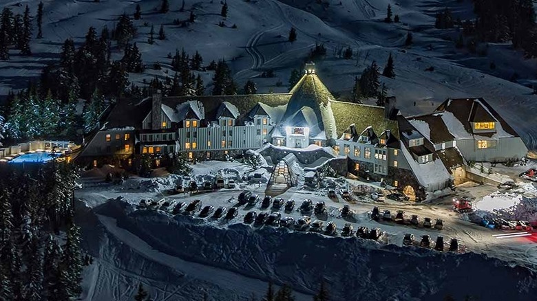 Drone overhead view of the Timberline Lodge in the snow