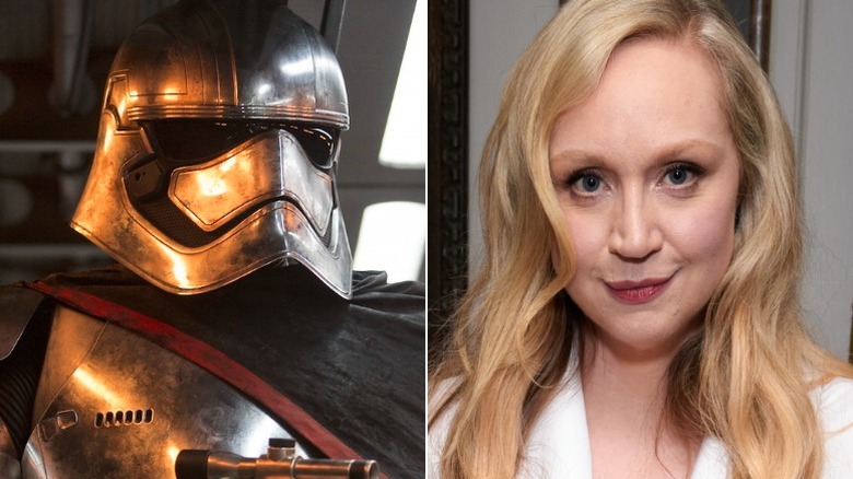 Captain Phasma in her silver armor in Star Wars: The Force Awakens and Gwendoline Christie