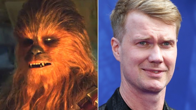 Chewbacca looking thoughtful in Star Wars: The Last Jedi and Joonas Suotamo