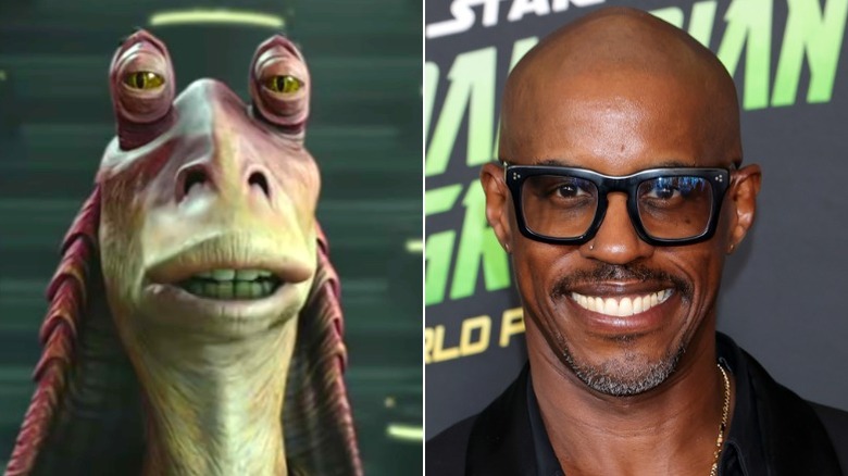 Jar Jar Binks looking serious in Star Wars: Attack of the Clones and Ahmed Best