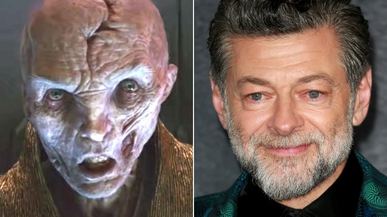Supreme Leader Snoke looking shocked in Star Wars: The Last Jedi and Andy Serkis