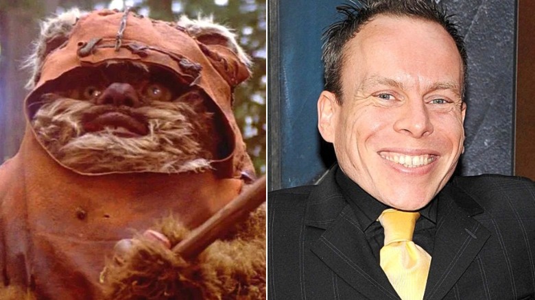 Wicket the Ewok holding a spear in Star Wars: The Return of the Jedi and Warwick Davis