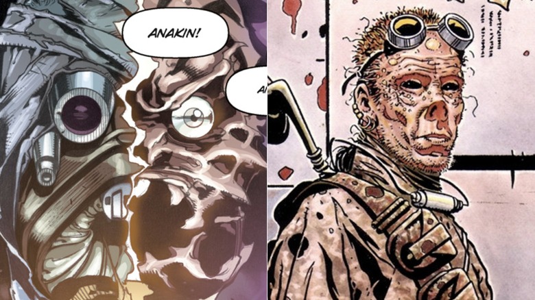 An unmasked Tusken Raider and Taggor Bren standing without his mask in 