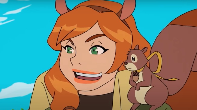 Squirrel Girl talking with squirrel on shoulder
