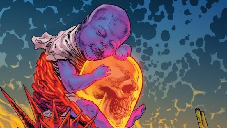 Baby Thanos and Cosmic Ghost Rider from the cover of Cosmic Ghost Rider #4
