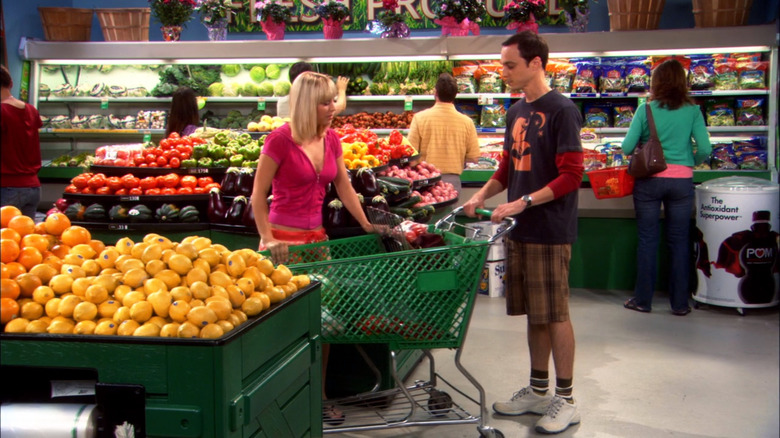 Sheldon and Penny shopping for groceries