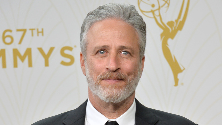Jon Stewart in close-up on the Emmy Awards red carpet