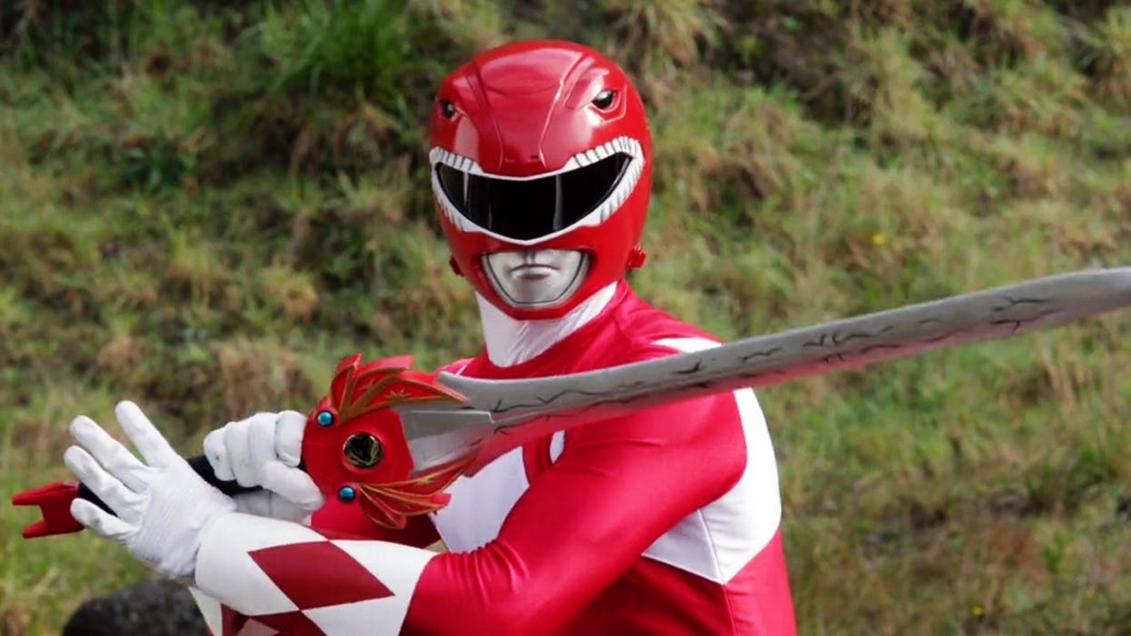 Download Caption: Red Super Megaforce Power Ranger Action Pose. Wallpaper |  Wallpapers.com