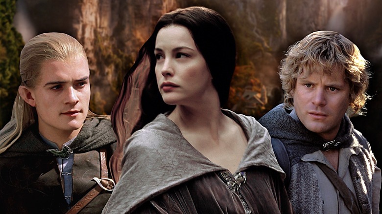 Samwise, Legolas, and Arwen posing