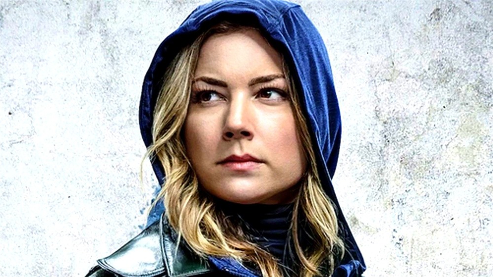 Sharon Carter wearing blue hoodie