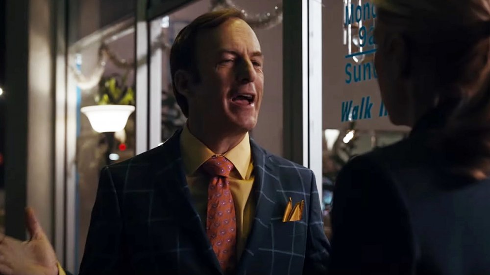 Bob Odenkirk as Jimmy McGill talks to Rhea Seehorn as Kim Wexler with much waving of arms in Better Call Saul
