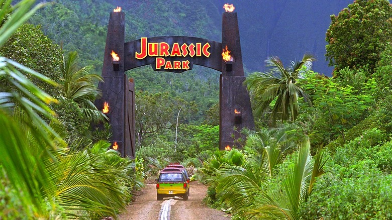 Cars entering Jurassic Park