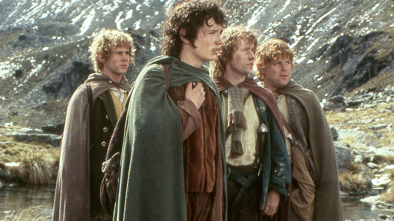 Merry, Frodo, Pippin, and Sam standing in a mountainous landscape