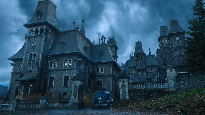 Nevermore Academy set against a gloomy sky in "Wednesday."