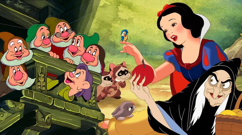 The seven dwarfs, Snow White, and the Witch