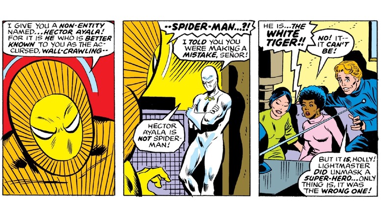 Lightmaster reveals Hector Ayala's secret identity in "Peter Parker, The Spectacular Spider-Man" #20 (1978)