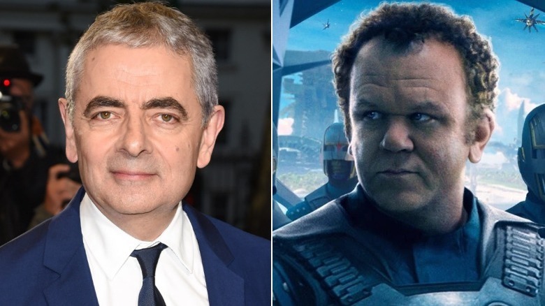 Split image of Rowan Atkinson and Rhomann Dhey in Guardians of the Galaxy promotional art