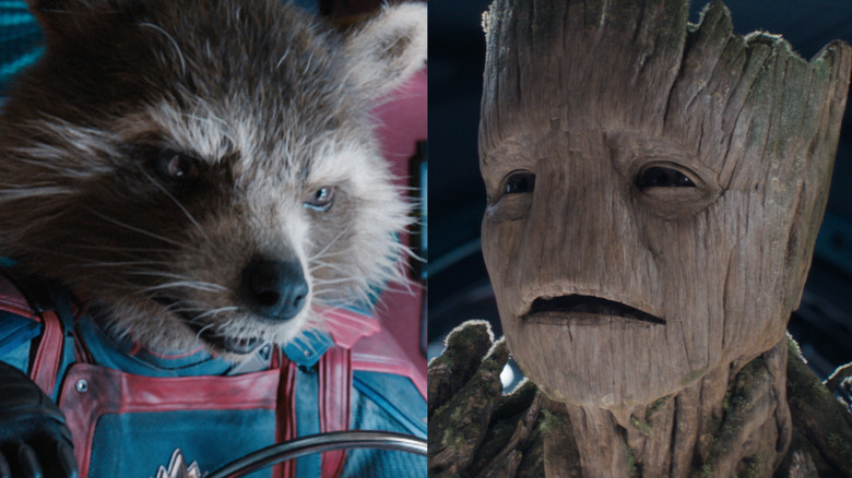 Side-by-side photos of Rocket and Groot both looking angry