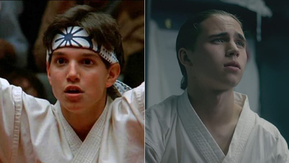 Ralph Macchio as Daniel LaRusso in The Karate Kid, Tanner Buchanan as Robby Keene on Cobra Kai