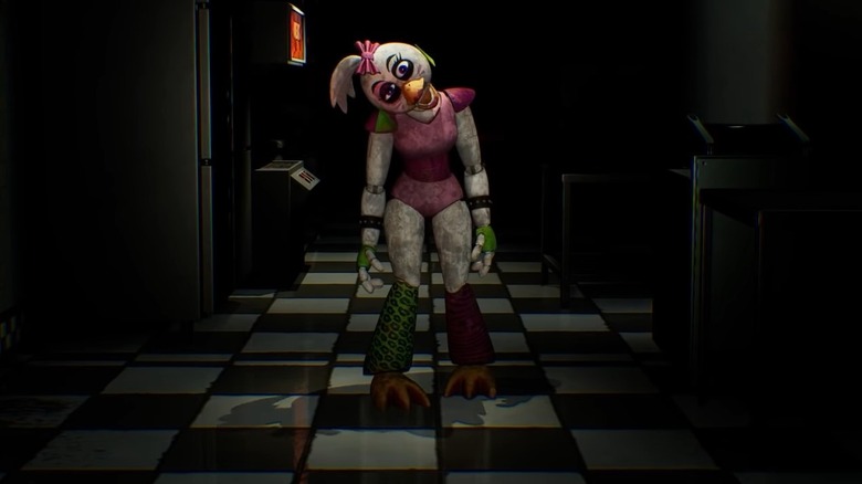 Chica standing lopsidedly in the dark