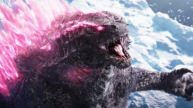 Godzilla glowing pink in snow