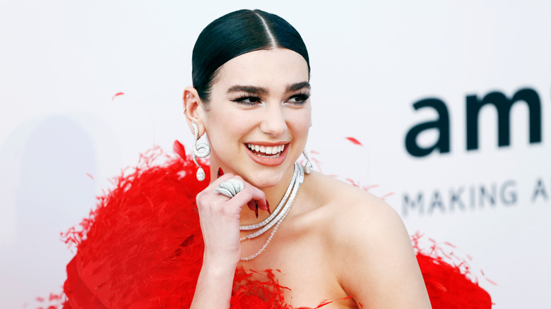 Dua Lipa in feathers red carpet