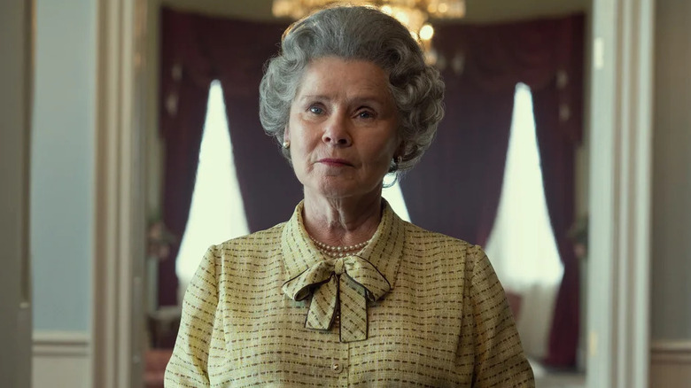 Imelda Staunton as Queen Elizabeth in a yellow blouse on The Crown