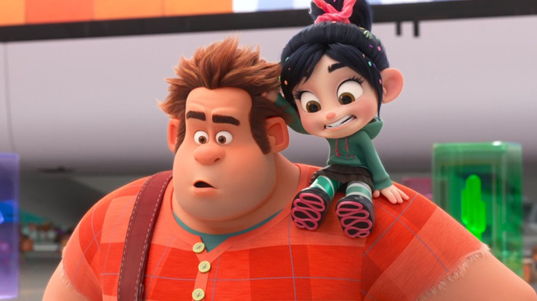 Vanellope on Ralph's shoulder