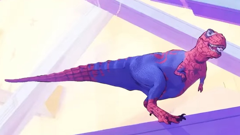 Spider-Rex standing on beam