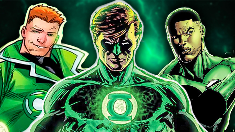 Guy Gardner, Hal Jordan, and John Stewart wearing their Green Lantern uniforms