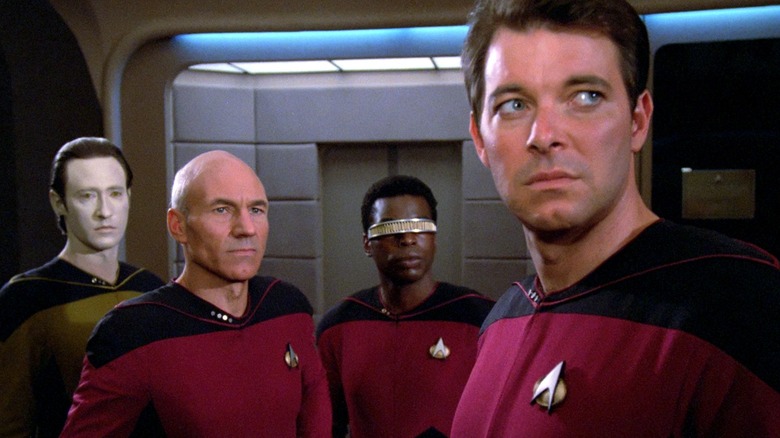 The crew of the Enterprise on the bridge in Star Trek: The Next Generation