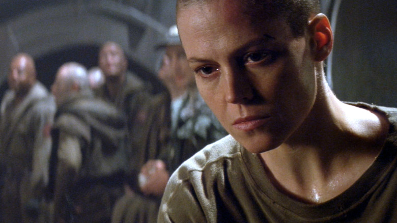 Sigourney Weaver as Ellen Ripley with shaved head in Alien 3