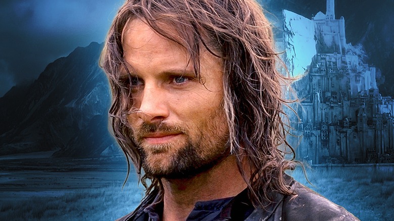 Close up of Aragorn against a blue-tinted background of Minas Tirith