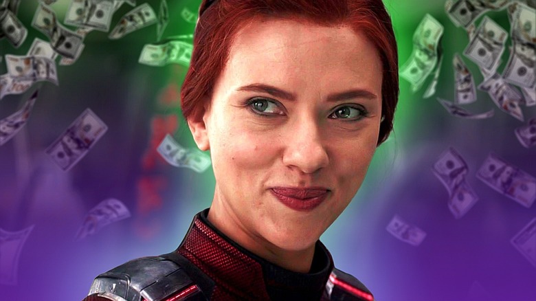 Black Widow smiling as money rains down behind her (2026)